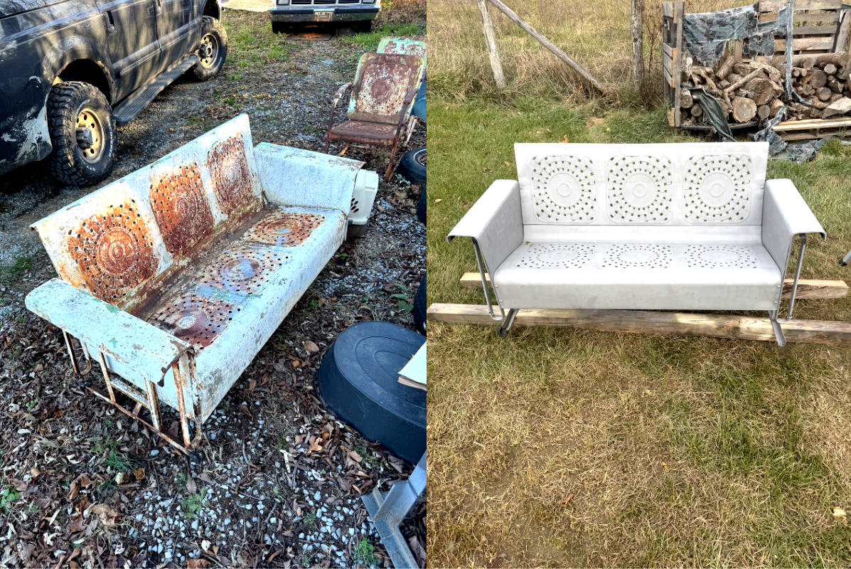 A before and after picture of a couch in a yard.
