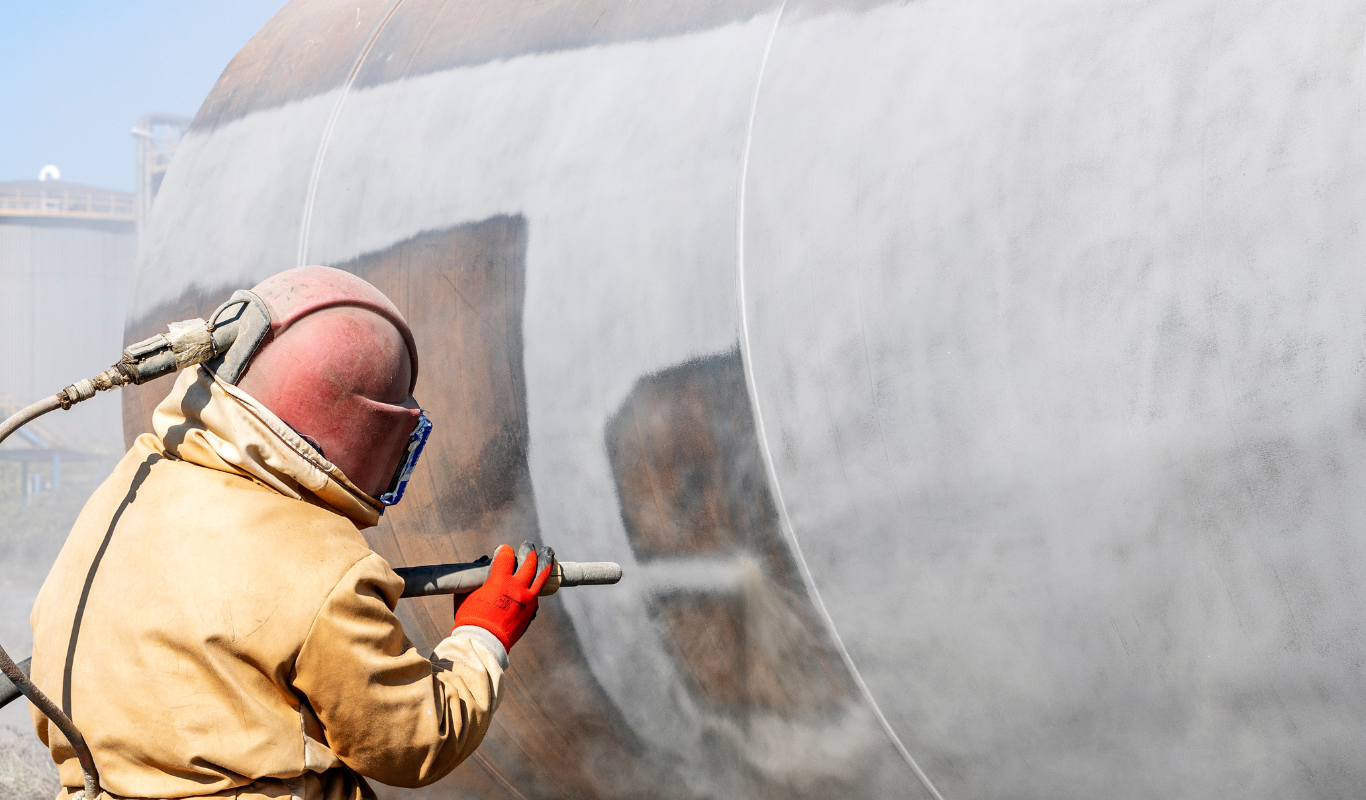 A man wearing a helmet and gloves is sandblasting a propane tank.