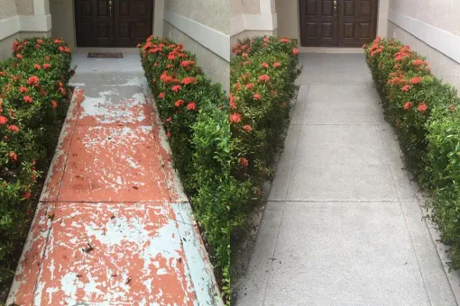 Contact Us A before and after photo of a concrete walkway with badly chipped paints and a clean blasted concrete walkway after Lyons' services