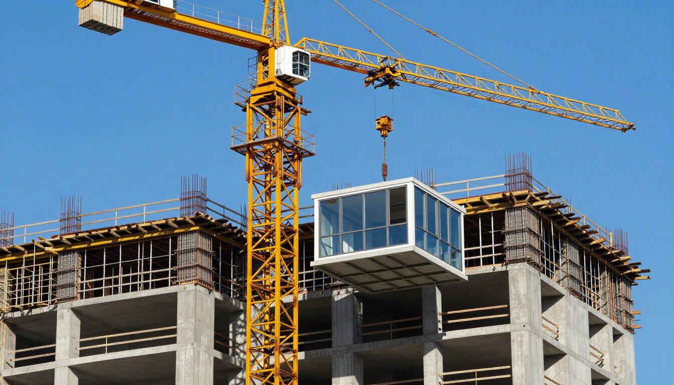 Moderne hoogbouw bouwplaats waar prefab modules worden geïnstalleerd