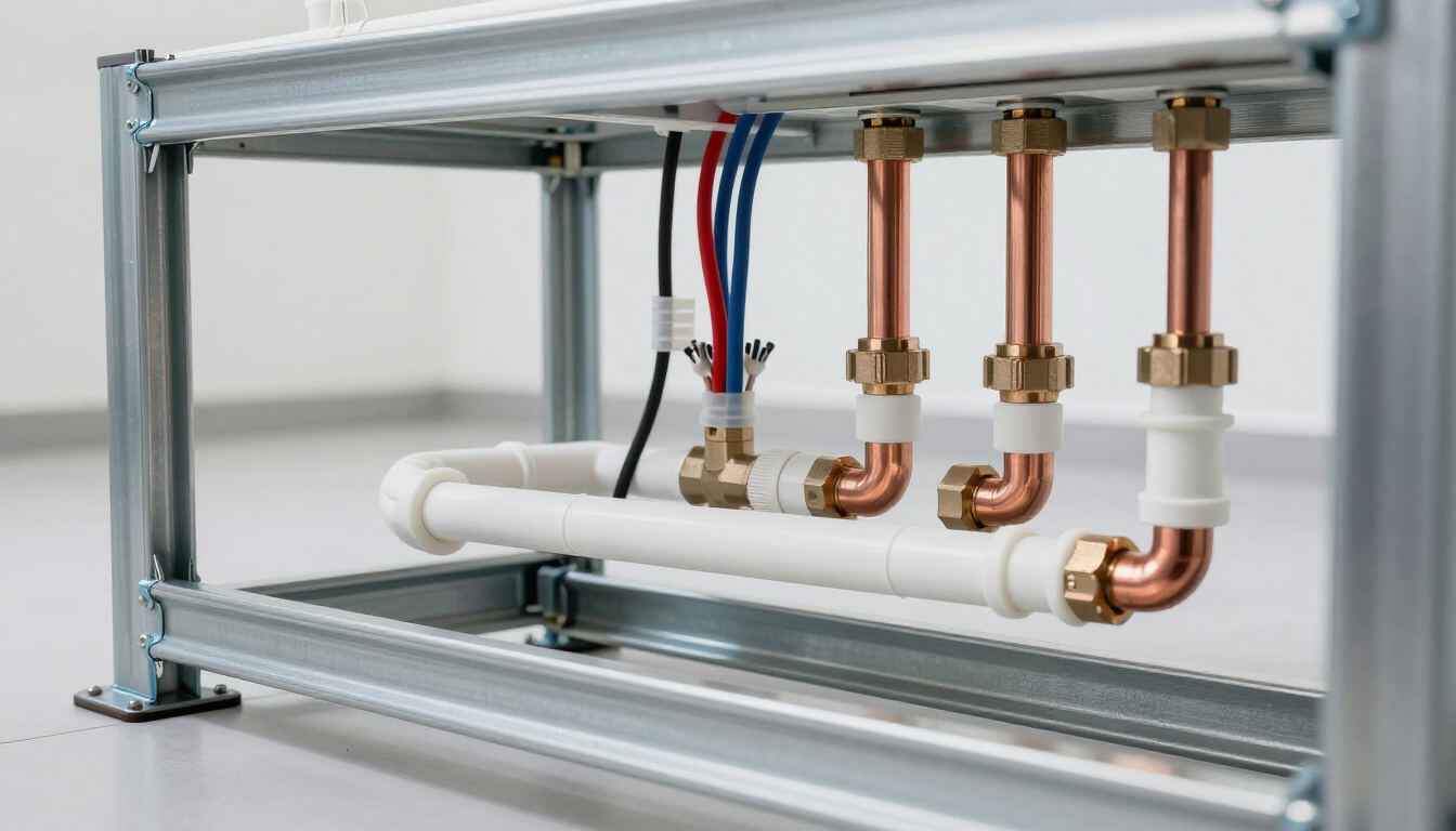 Technische details van een SaniSkid installatieframe met geïntegreerde leidingen