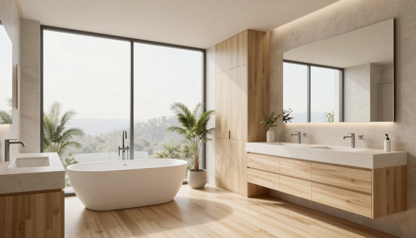 Modern duurzaam interieur van een badkamer die gebruik maakt van modulaire frames