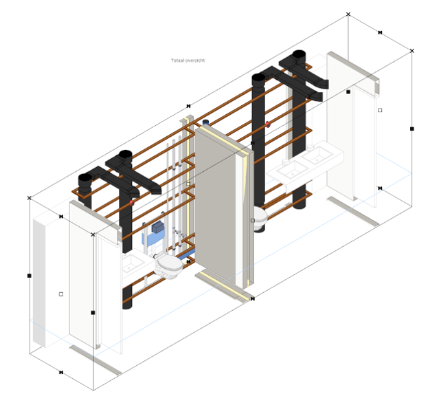 Isometrisch technisch diagram van een liftschacht met rails, kabels en steunframe in een gebouwplattegrond.