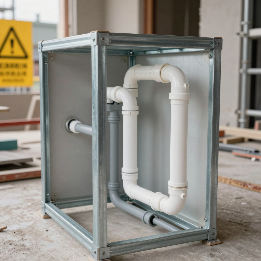Metalen frame met witte PVC-buizen en -bochten in een industriƫle werkruimte.
