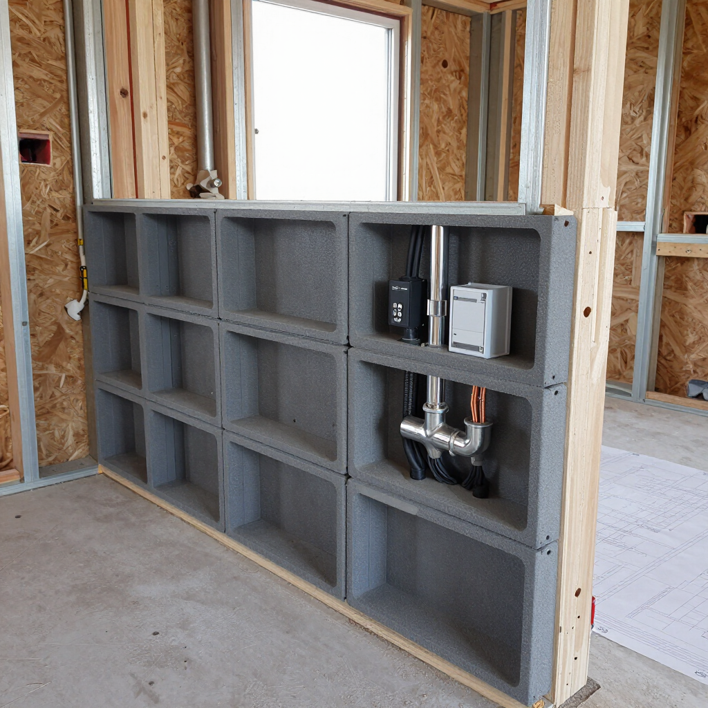 Onafgewerkte kelderwandconstructie met grijze ingebouwde planken en sanitair.