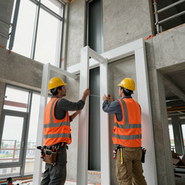 Twee bouwvakkers met veiligheidshelmen en oranje hesjes installeren een groot metalen frame binnenshuis.