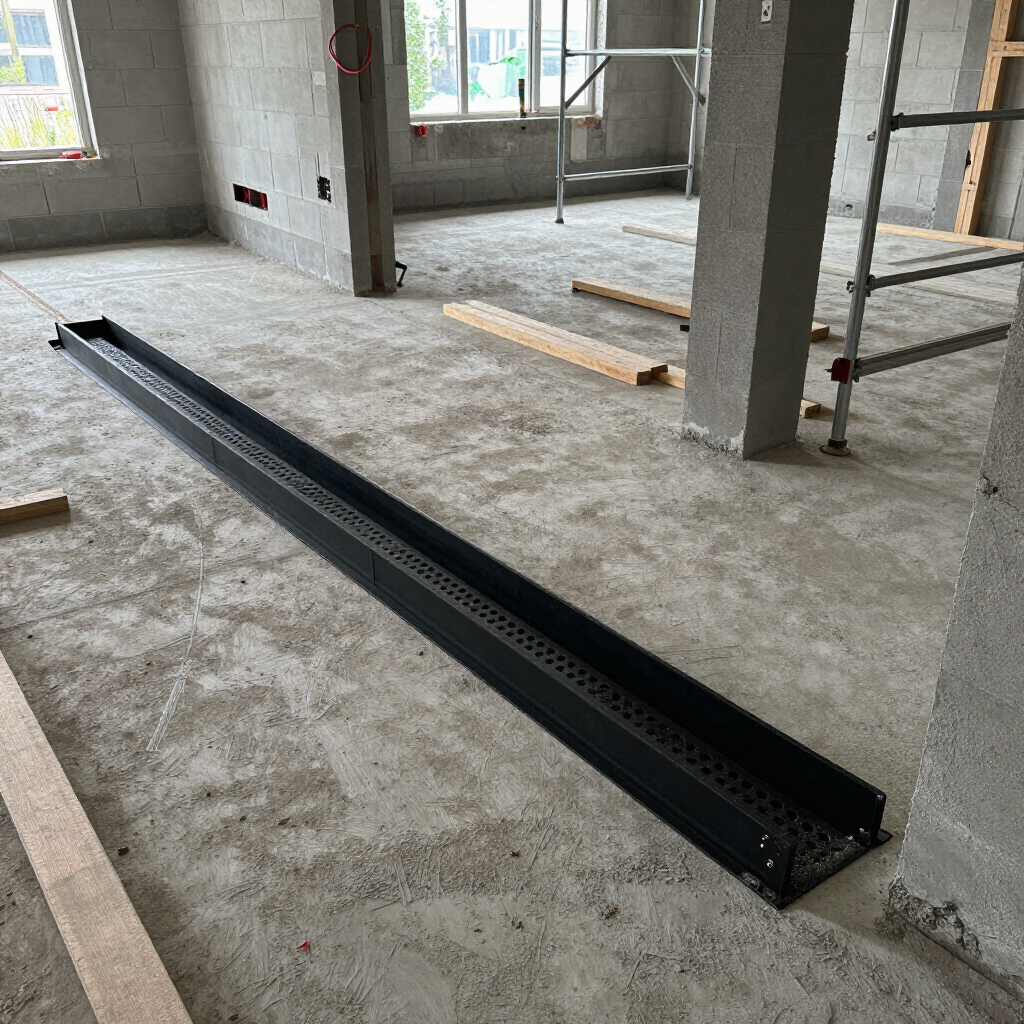 Interieur van een bouwplaats met een lange, zwarte metalen vloergoot op een betonnen plaat.