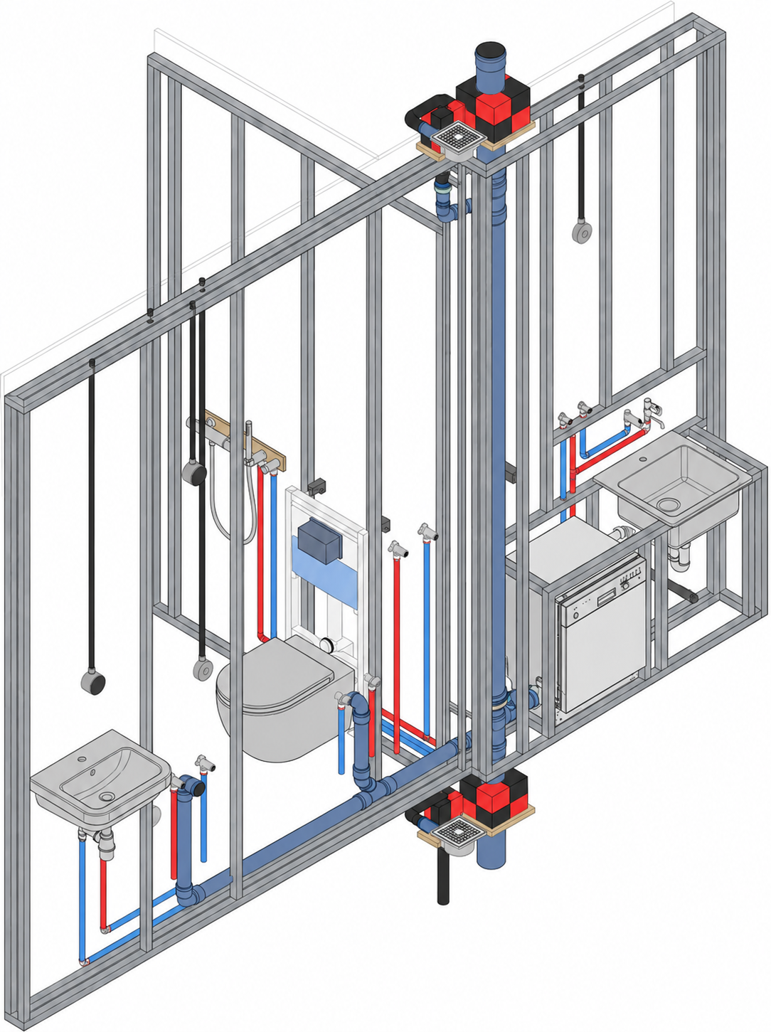 Schema van een industriële machine met grijs frame, blauwe en rode leidingen en aangesloten tanks/pompen.
