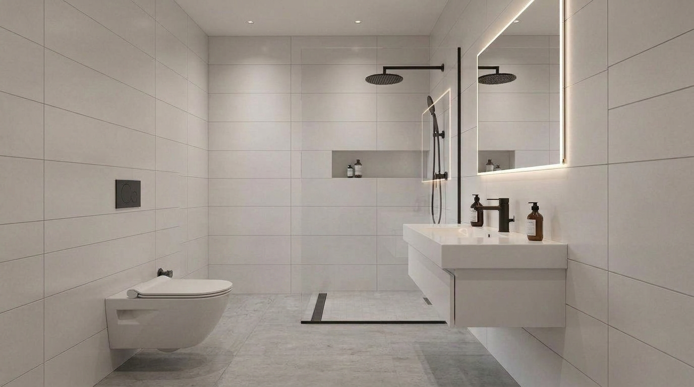 Moderne witte badkamer met wandgemonteerde wastafel, toilet, douche en grote spiegel, minimalistisch design.