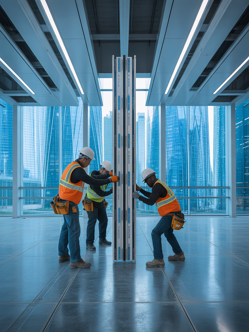 Drie bouwvakkers in oranje veiligheidsvesten inspecteren een metalen kolom in een modern glazen gebouw.