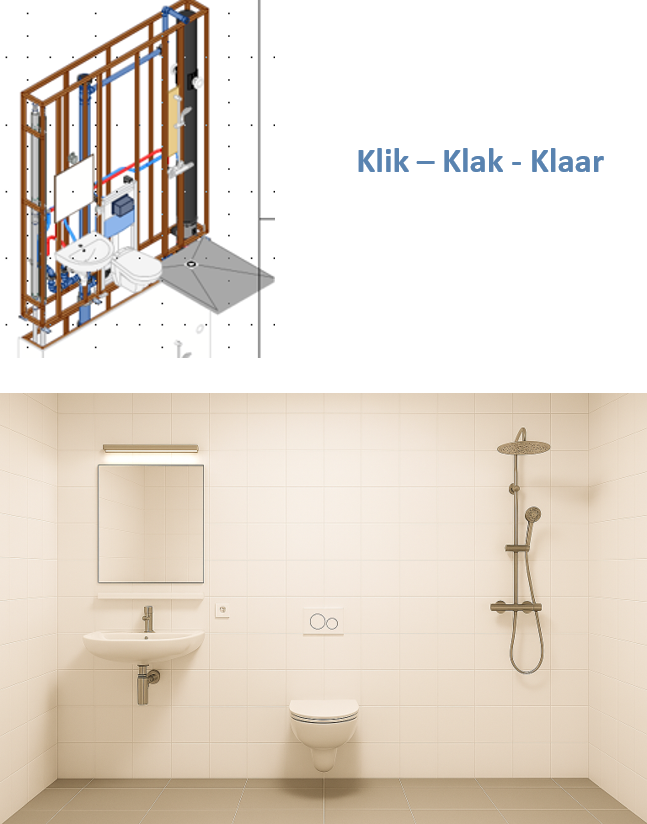 Toegankelijke badkamer met witte tegelwanden, wastafel, spiegel, toilet en douche; plattegrond hierboven.