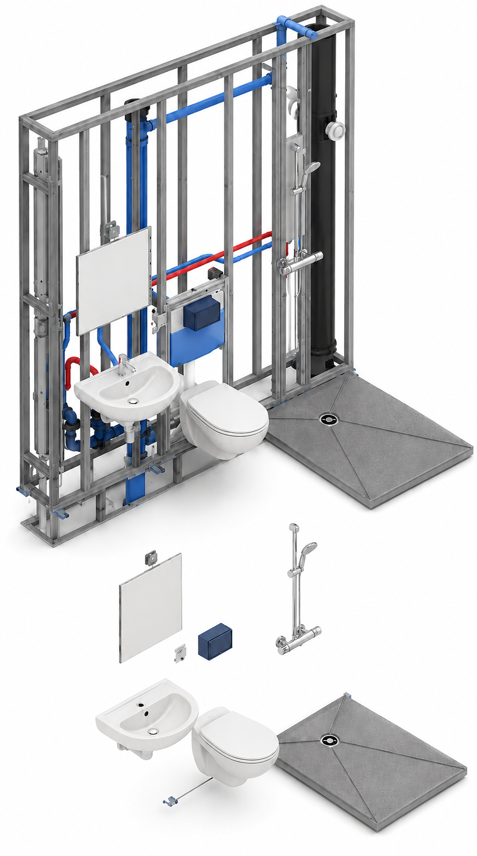 Toegankelijk toilet met aankleedtafel voor volwassenen, toilet, wastafel en douchecabine.