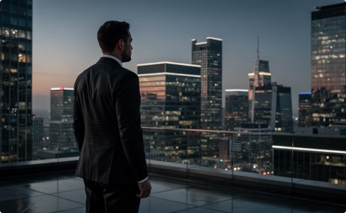 Man in pak kijkt vanaf een balkon van een hoog gebouw uit over de skyline van de stad bij zonsondergang.