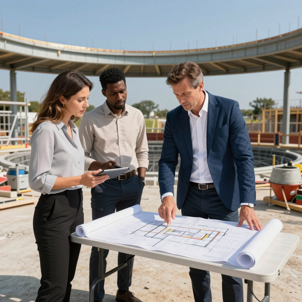 Drie mensen bekijken bouwtekeningen op een bouwterrein, waarbij een van hen naar plannen op een tafel wijst.