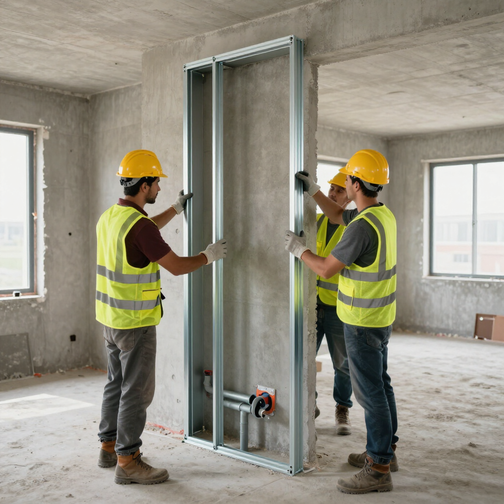 Twee bouwvakkers met veiligheidshelmen installeren een metalen wandframe in een onafgewerkte ruimte.
