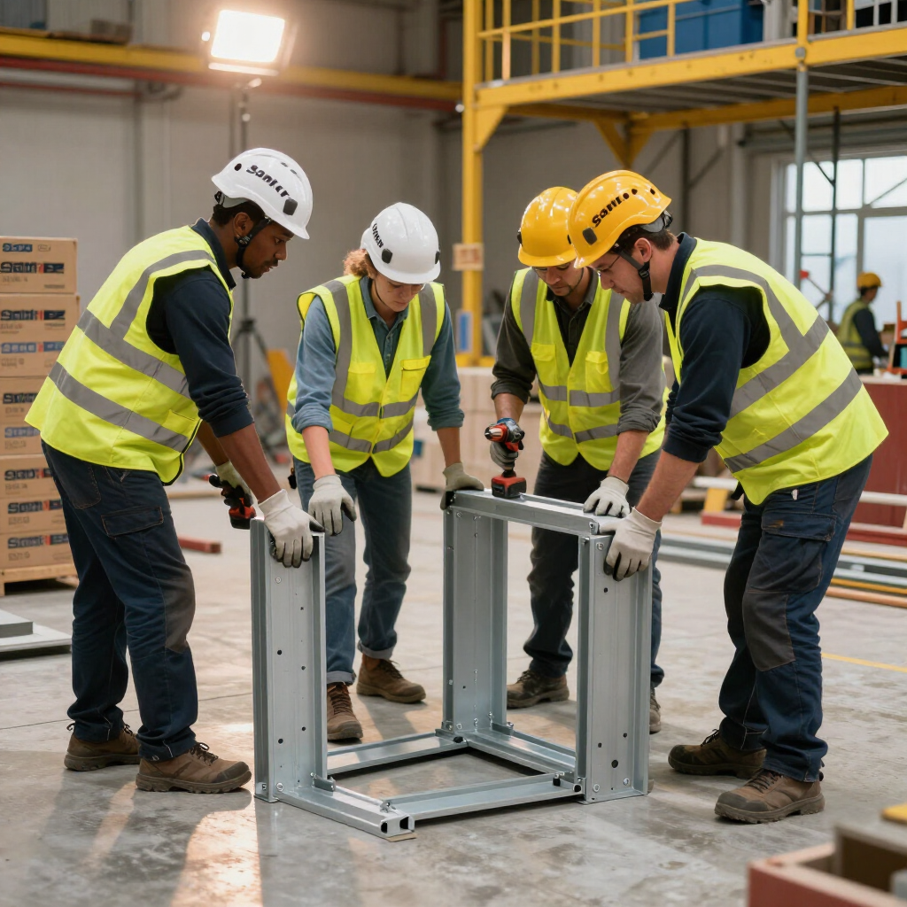 Vier bouwvakkers met veiligheidshelmen en -vesten monteren een metalen frame in een werkplaats.