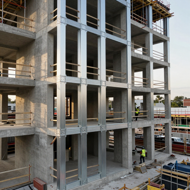 Betonnen gebouw in aanbouw met arbeiders en steigers op een stedelijke locatie.