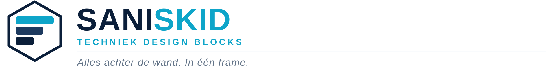 Saniskid-logo met blauw zeshoekig icoon en merknaam op een witte achtergrond