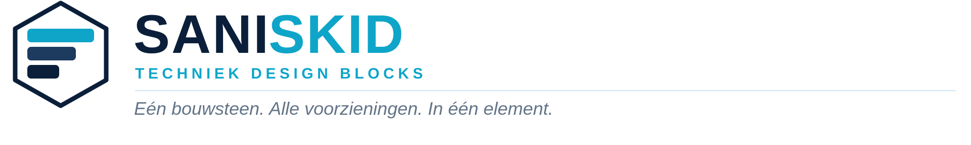 Saniskid-logo met blauw zeshoekig icoon en merknaam op een witte achtergrond