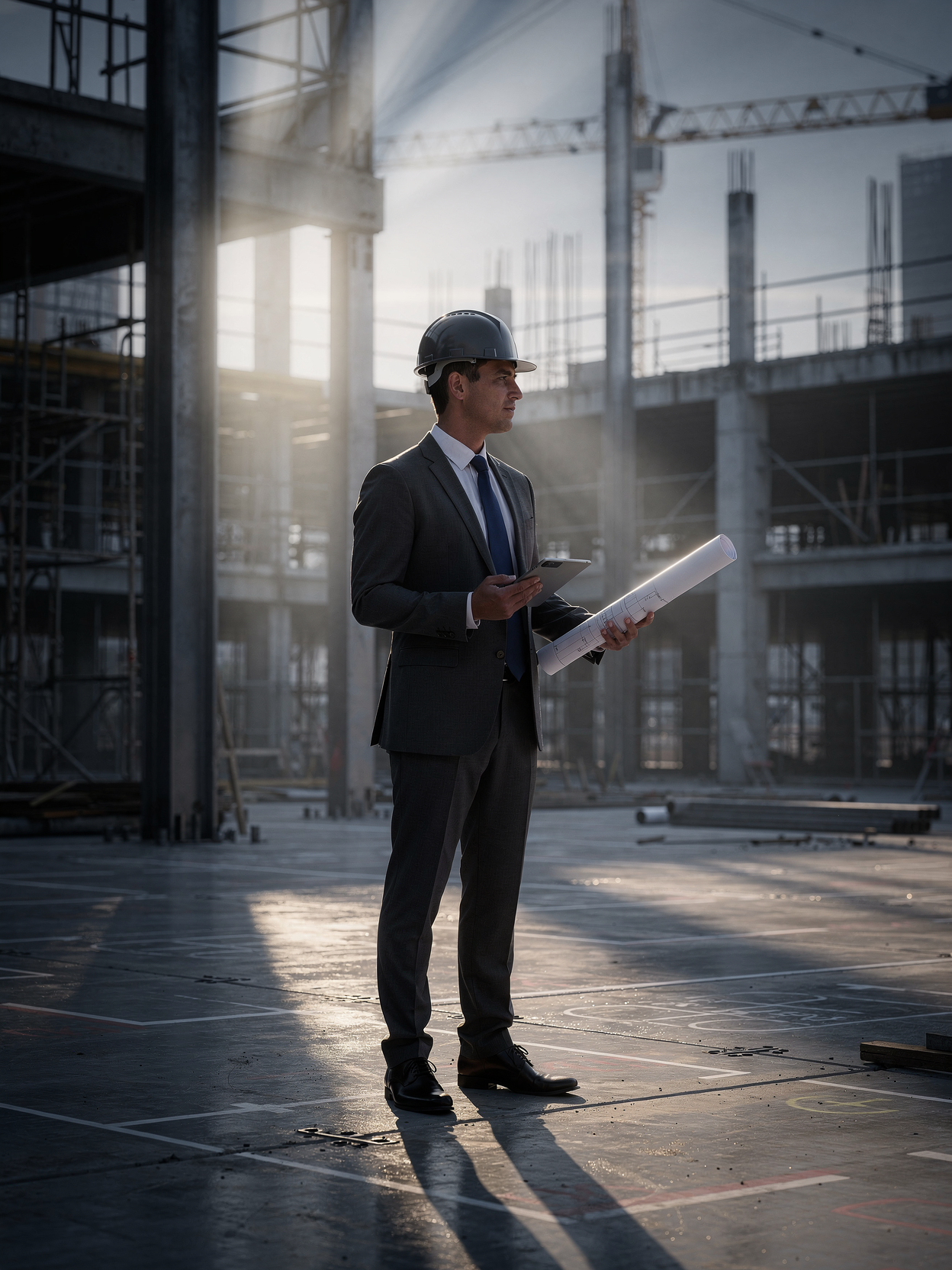 Ingenieur met bouwtekeningen in de hand op een zonnige bouwplaats, met een stalen constructie op de achtergrond.