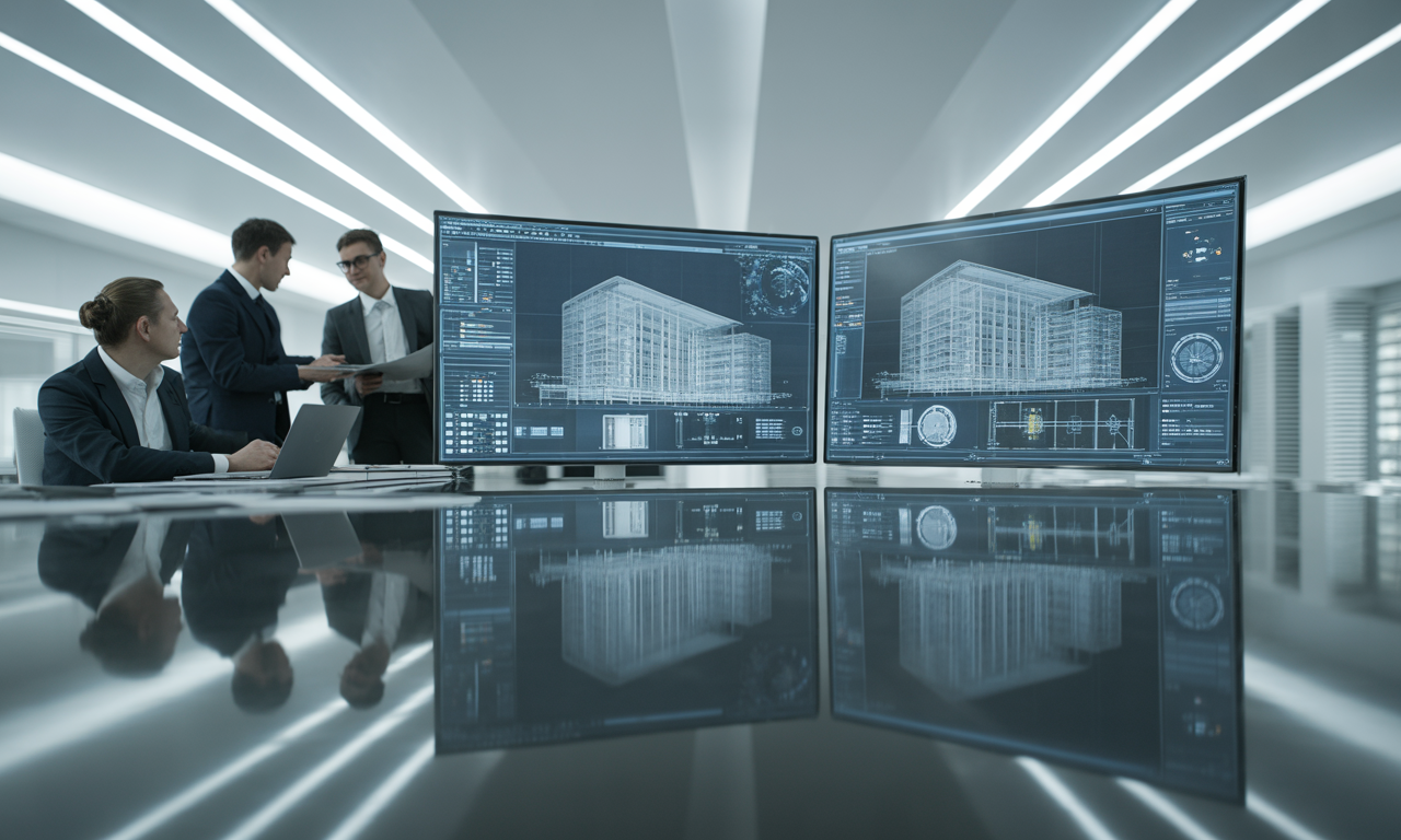Een team in een modern kantoor bekijkt architectonische bouwmodellen op grote blauwe digitale schermen.