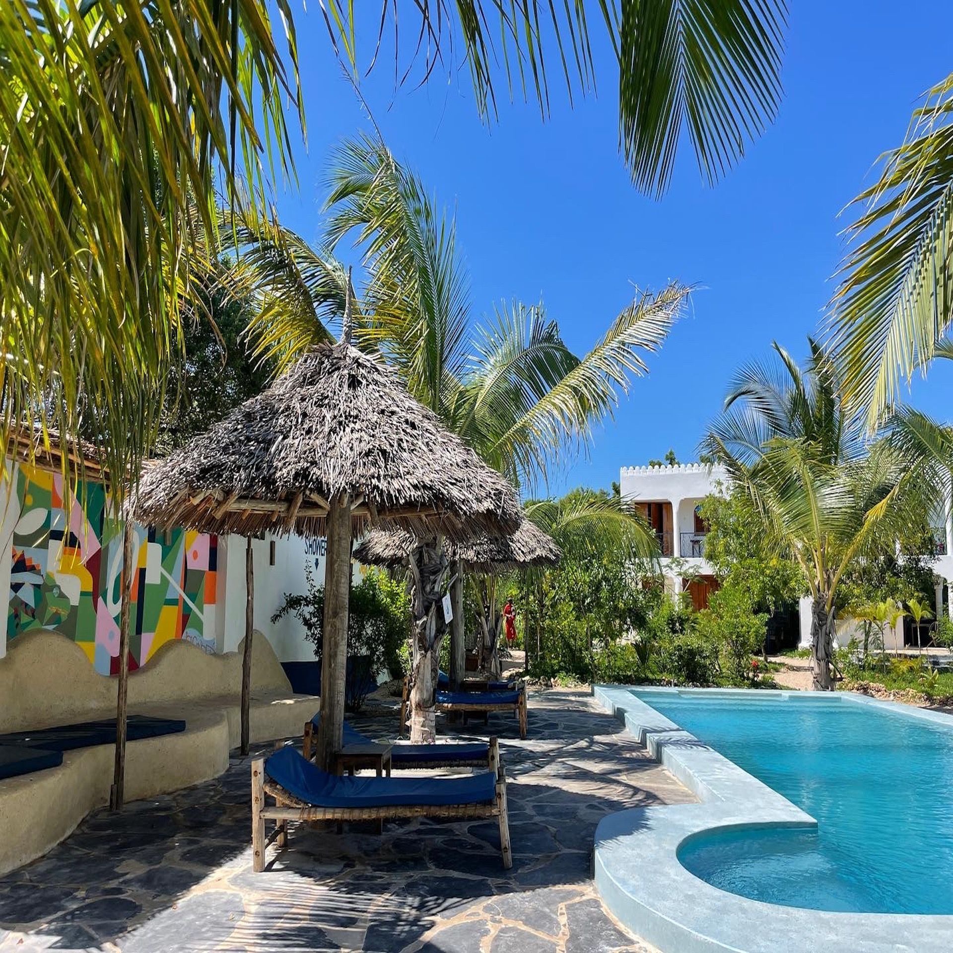 A swimming pool surrounded by palm trees and thatched umbrellas