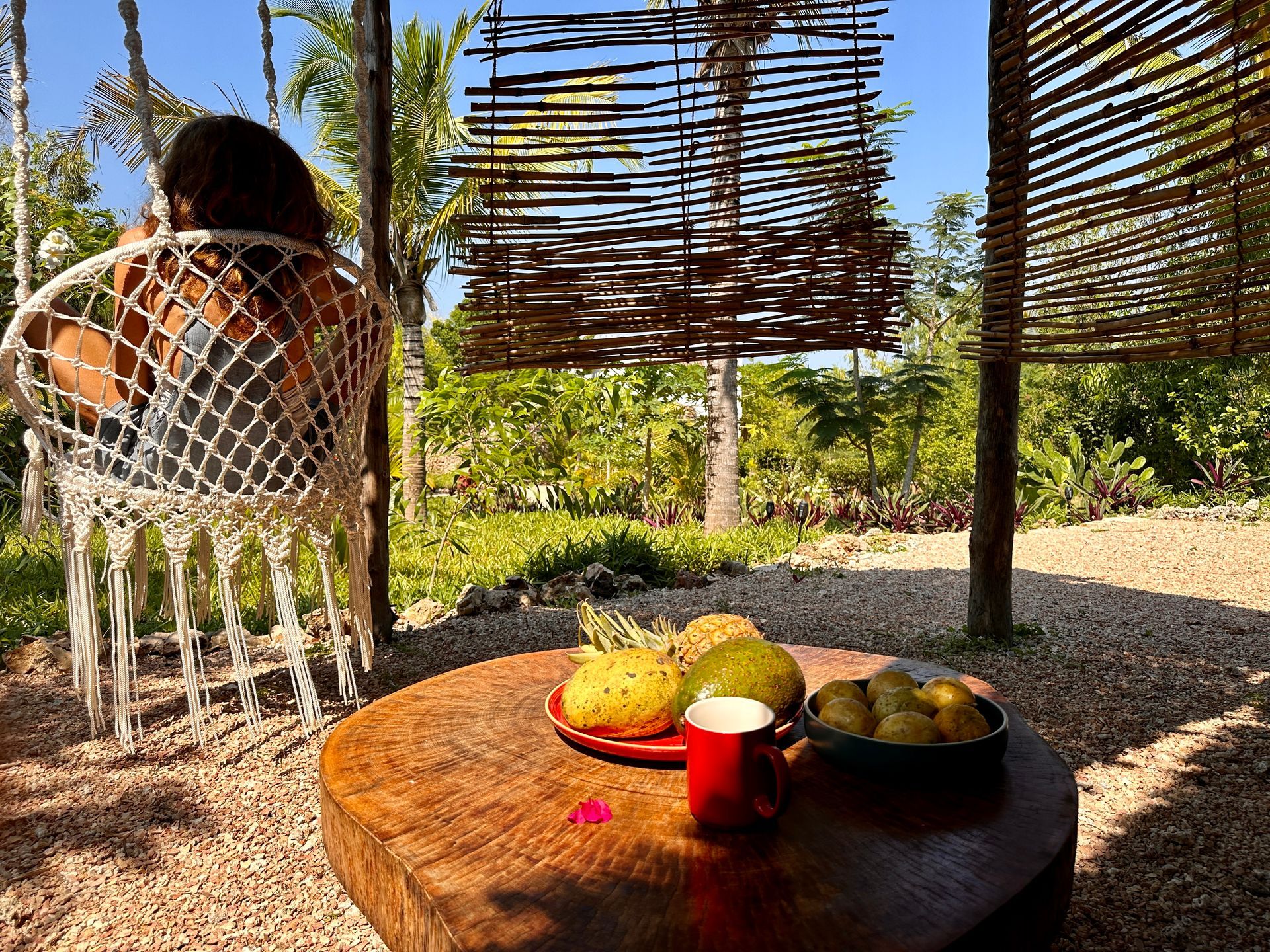 A woman is sitting in a hammock next to a table with fruit on it.