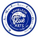A blue and white logo for the kameleon blue lodge