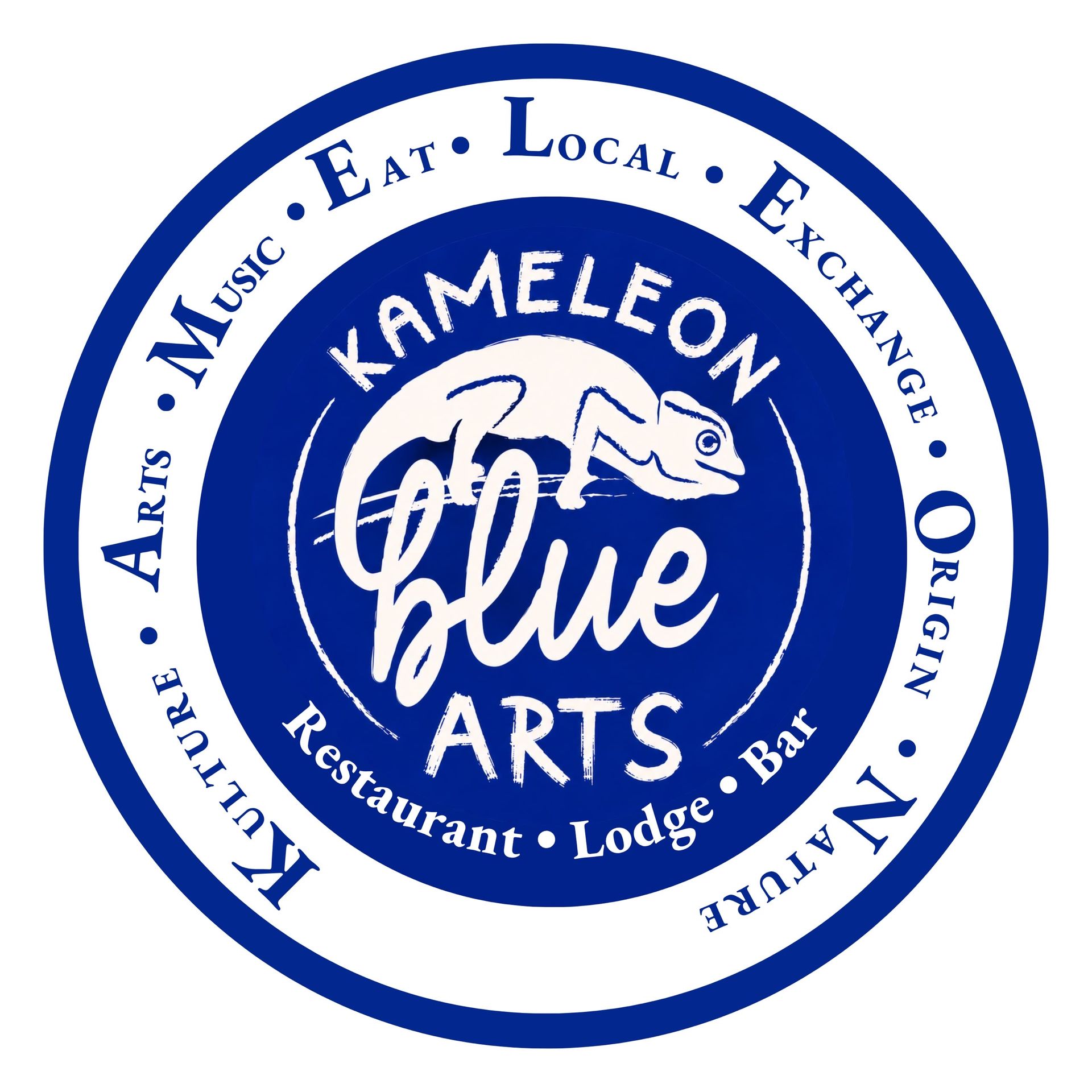 A blue and white logo for the kameleon blue lodge