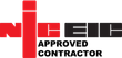 a red and black logo for an approved contractor .