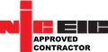 a red and black logo for an approved contractor .