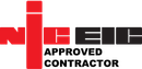 a red and black logo for an approved contractor .