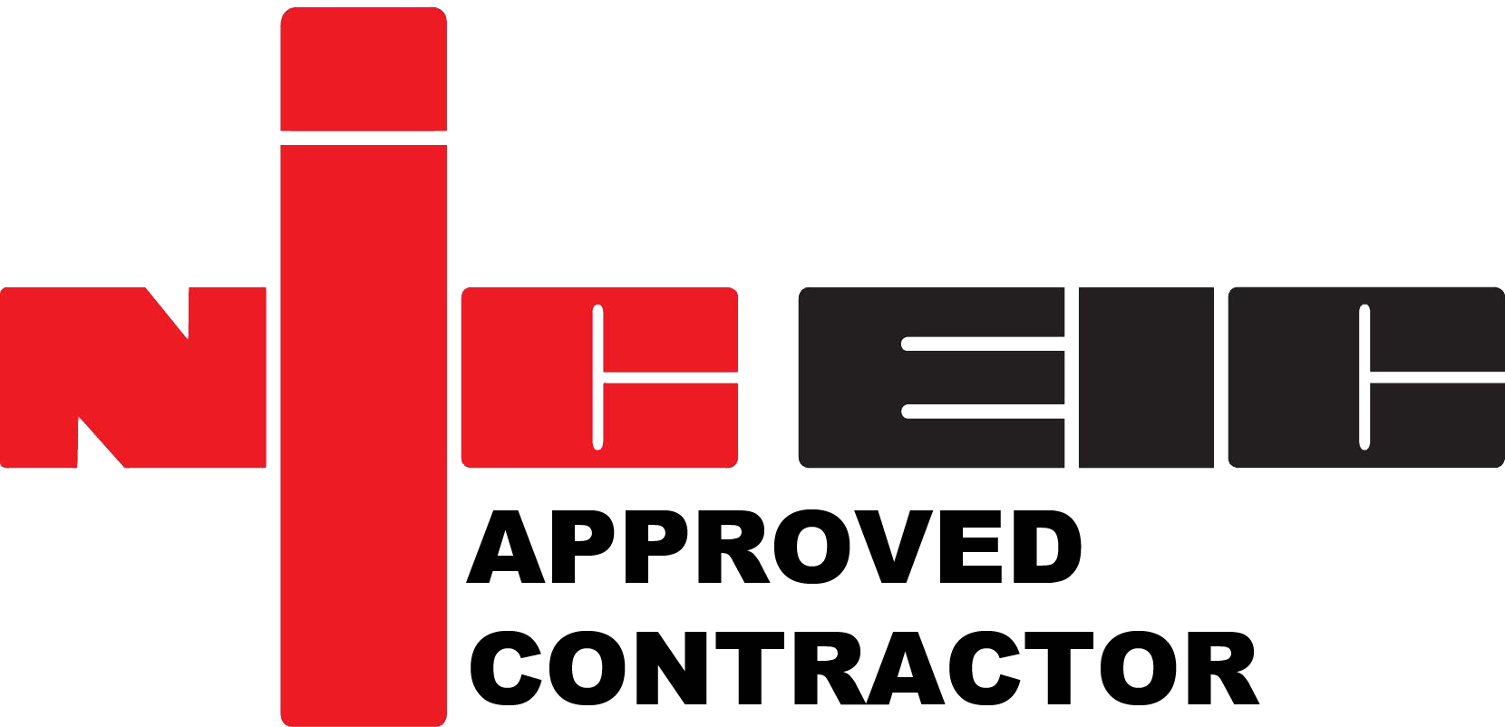 a red and black logo for an approved contractor .