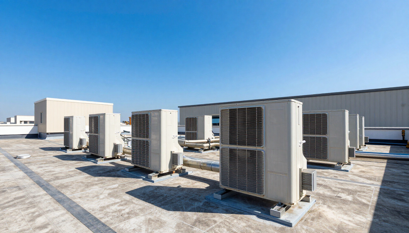 Row of rooftop HVAC units on a flat industrial building under a clear blue sky