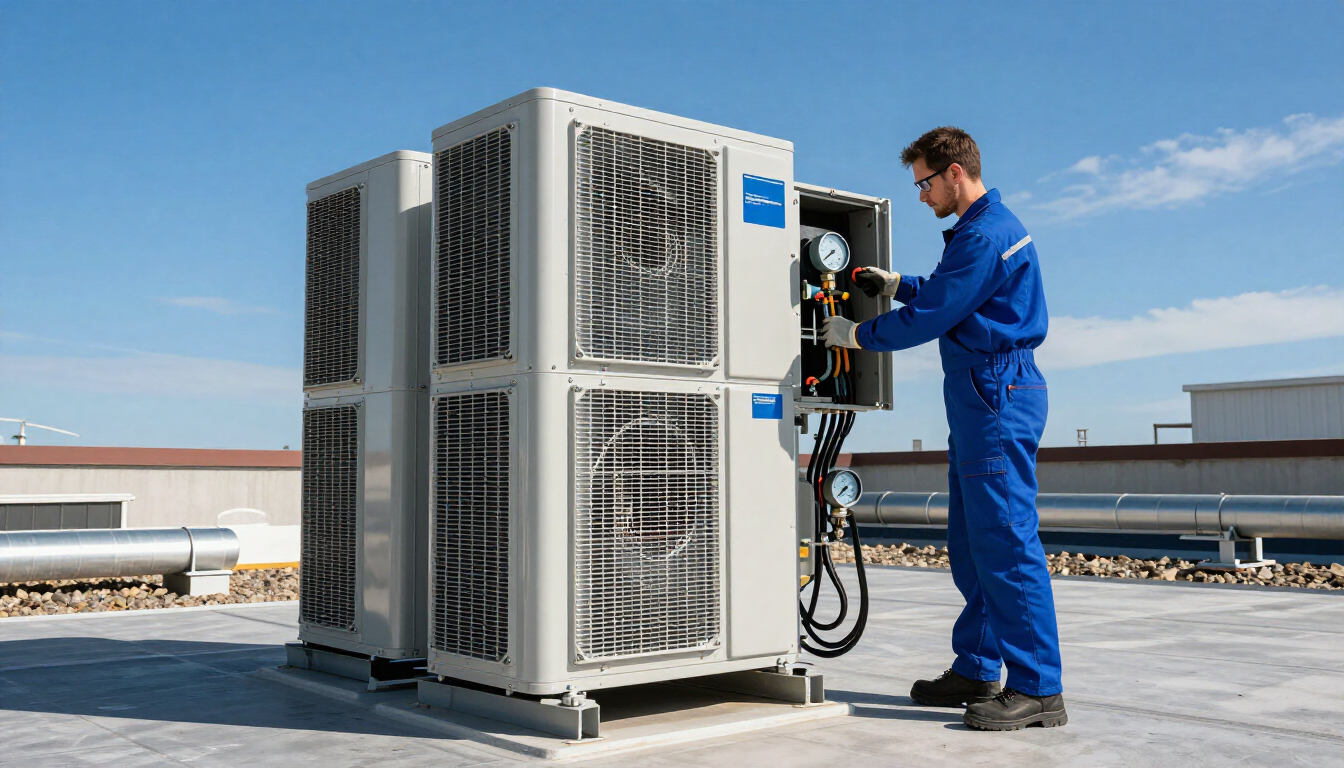 Technician in blue coveralls servicing a rooftop HVAC unit under a clear sky