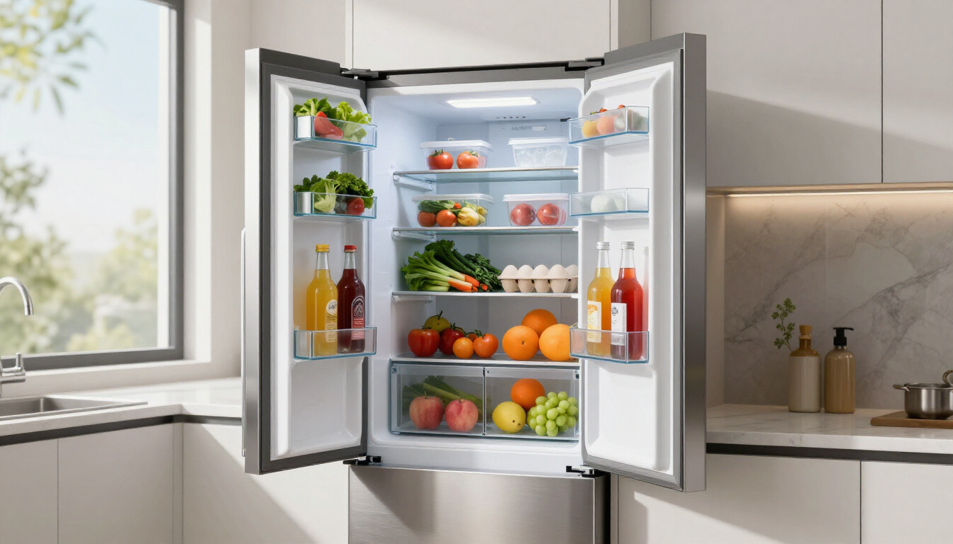 Open refrigerator filled with fruit, vegetables, drinks, and condiments in a bright kitchen