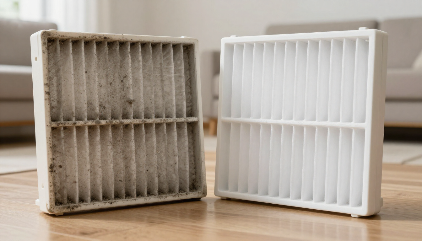 Dirty and clean square air filters side by side on a wooden floor.