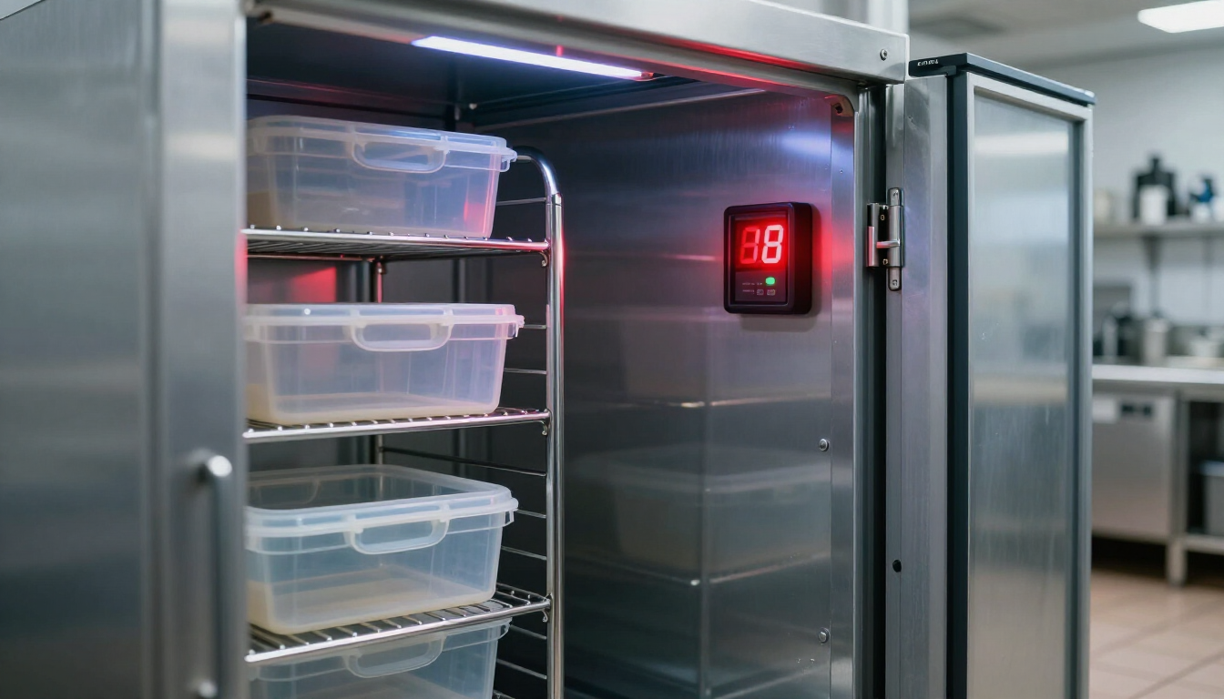 Open stainless steel fridge with plastic food containers and a red digital temperature display.