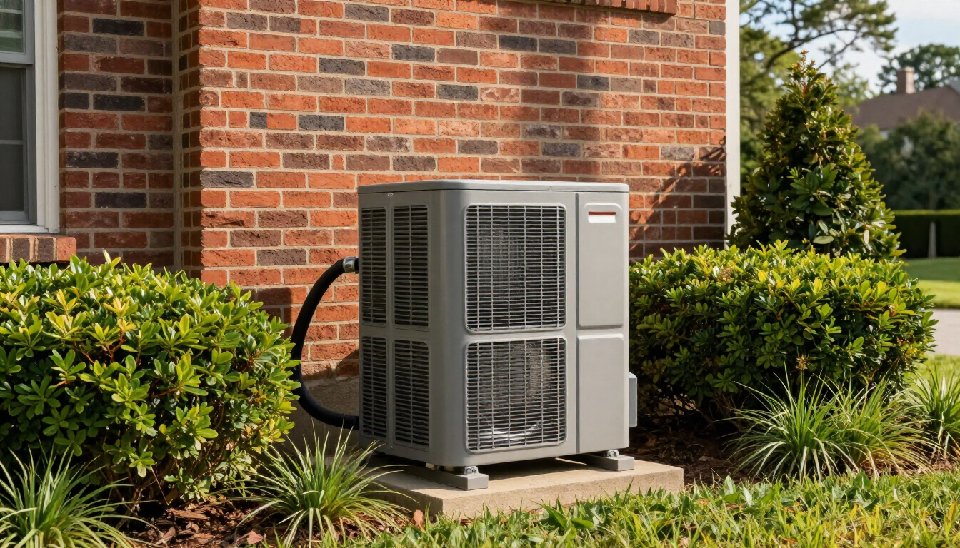 Outdoor air conditioner unit beside a brick house wall, surrounded by shrubs and grass.