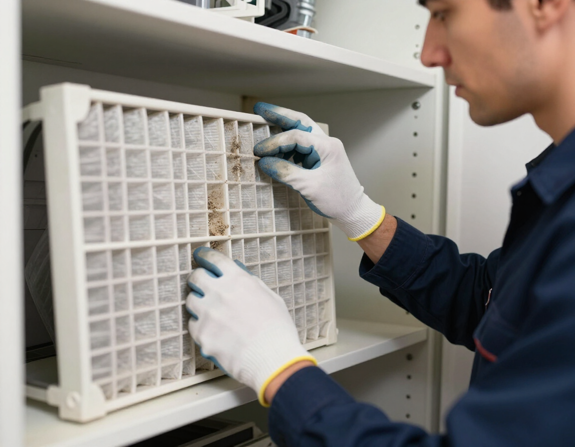 Worker wearing gloves replaces an air filter on a shelf unit in a clean indoor setting