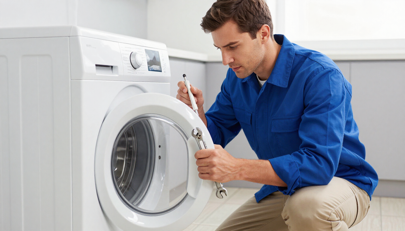Technician in blue shirt inspecting a front-loading washing machine with a screwdriver