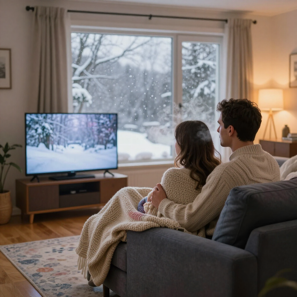 Couple wrapped in a blanket watching TV in a cozy living room with snowy window view