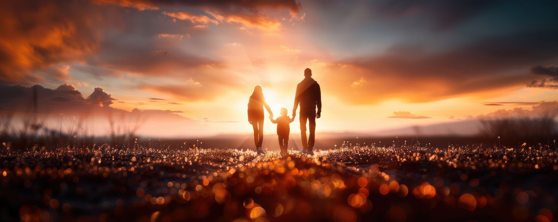 Silhouetted family walking towards sunset, representing family immigration in Tampa, Florida.
