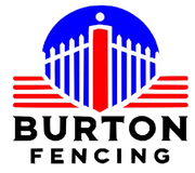 A logo for Burton Fencing with a red white and blue fence