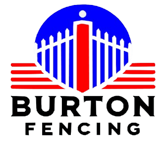 A logo for Burton Fencing with a red white and blue fence