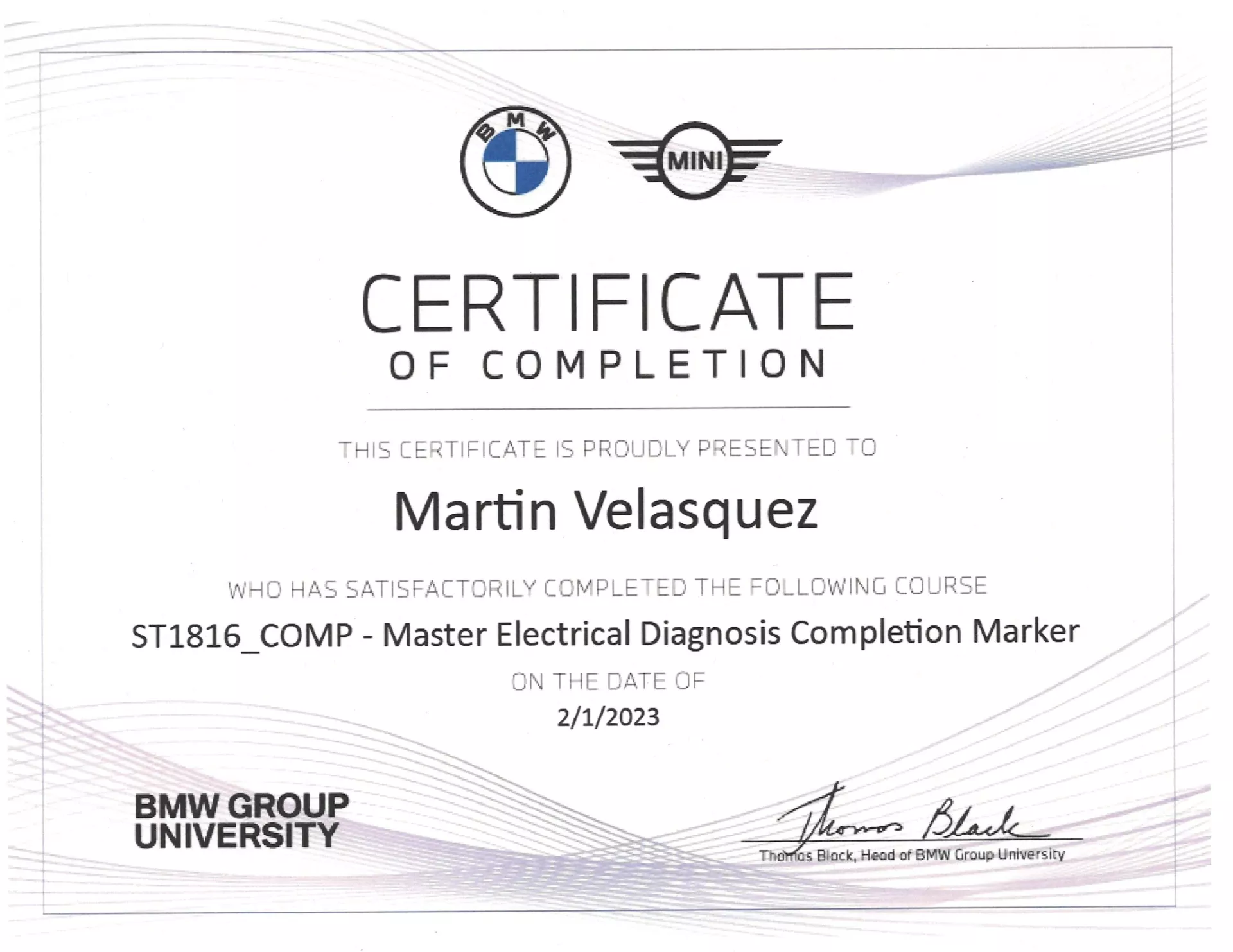 Certificate of completion for Martin Velasquez from BMW Group University, for Master Electrical Diagnosis, dated 2/1/2023 - Bimmerfix