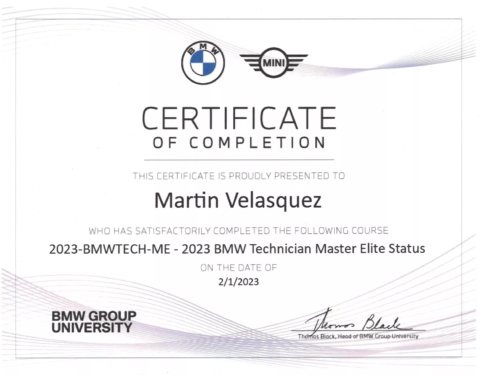 Certificate of completion for Martin Velasquez, BMW Technician Master Elite Status. Date 2/1/2023. BMW Group University - Bimmerfix