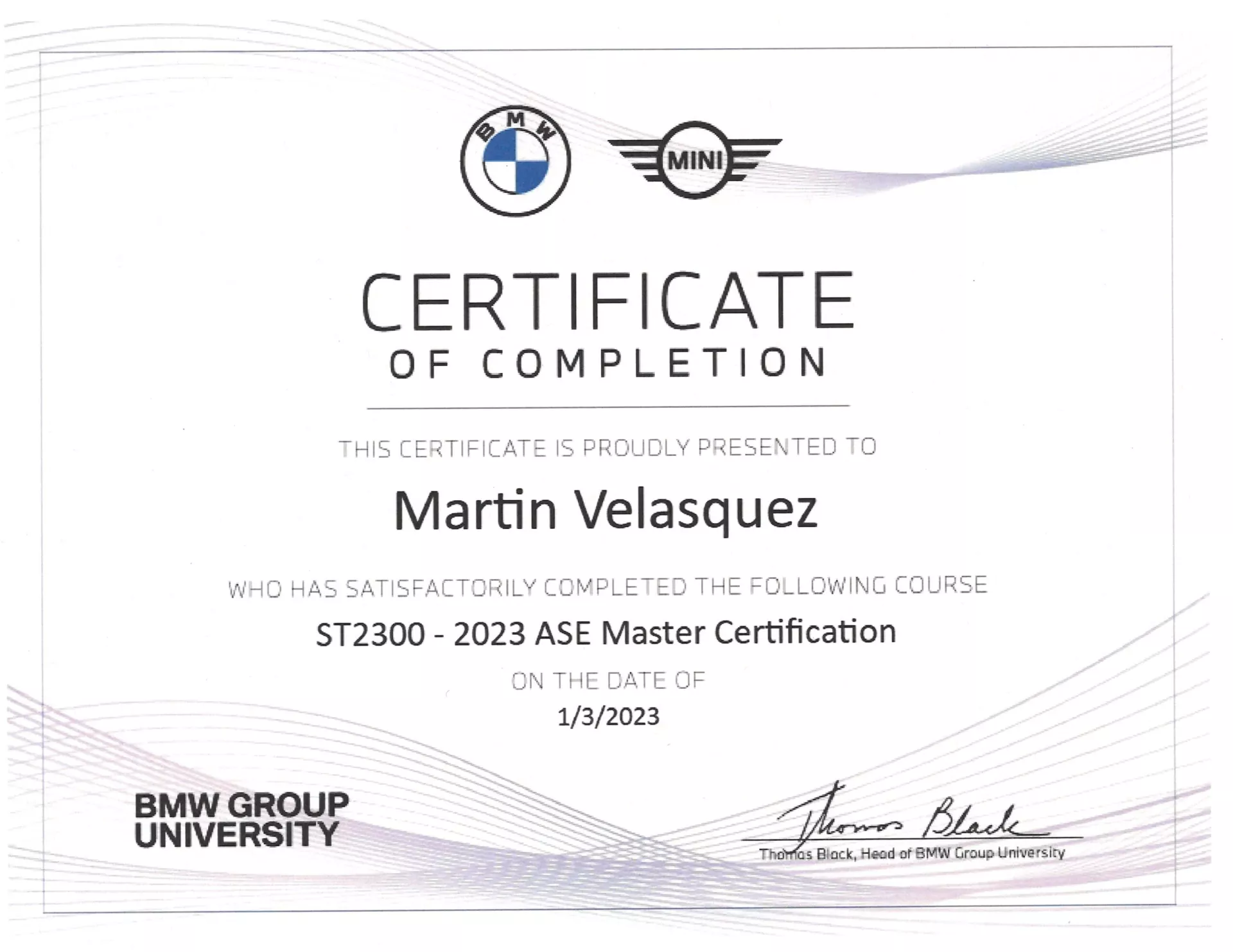 Certificate of completion for Martin Velasquez, who completed the ST2300-2023 ASE Master Certification. BMW and MINI logos are visible - Bimmerfix
