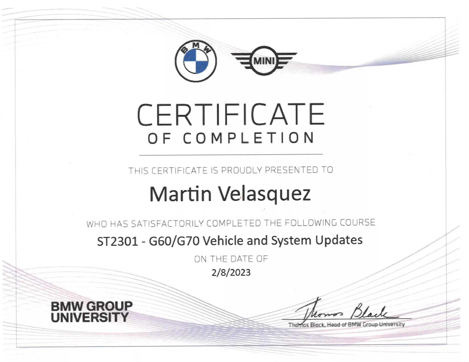 Certificate of completion for Martin Velasquez, BMW/MINI course ST2301, completed 2/8/2023 - Bimmerfix