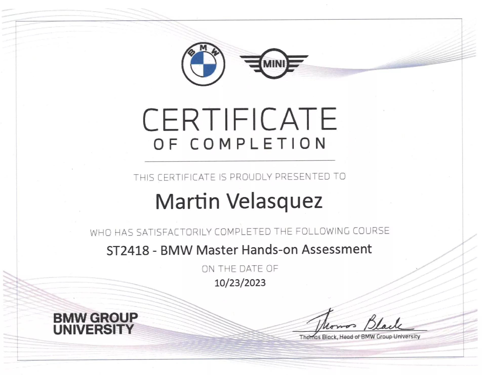 Certificate of completion for Martin Velasquez, who completed BMW Master Hands-on Assessment, signed by Thomas Black - Bimmerfix